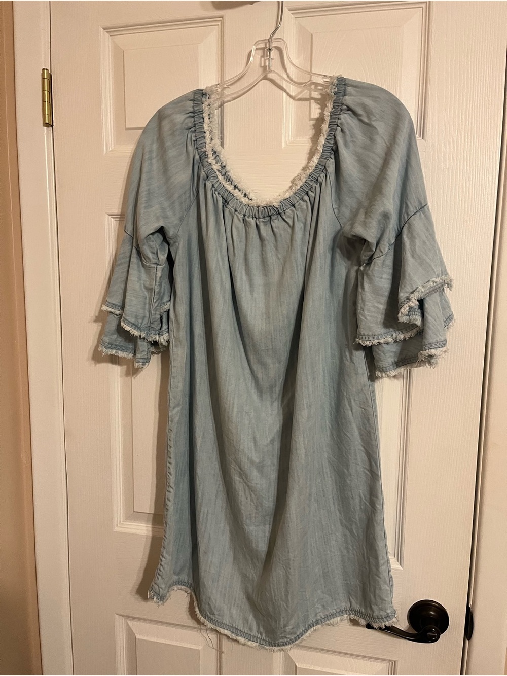 Boston Proper Light Blue Denim-Style Ruffle Sleeve Dress